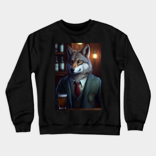 Wild And Classy Barkeeper Wolf In A Suit - Unique Wildlife Art Print For Fashion Lovers Crewneck Sweatshirt by Whimsical Animals